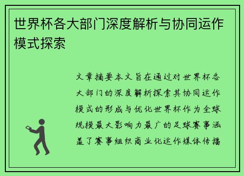 世界杯各大部门深度解析与协同运作模式探索 世界杯各大部门深度解析与协同运作模式探索